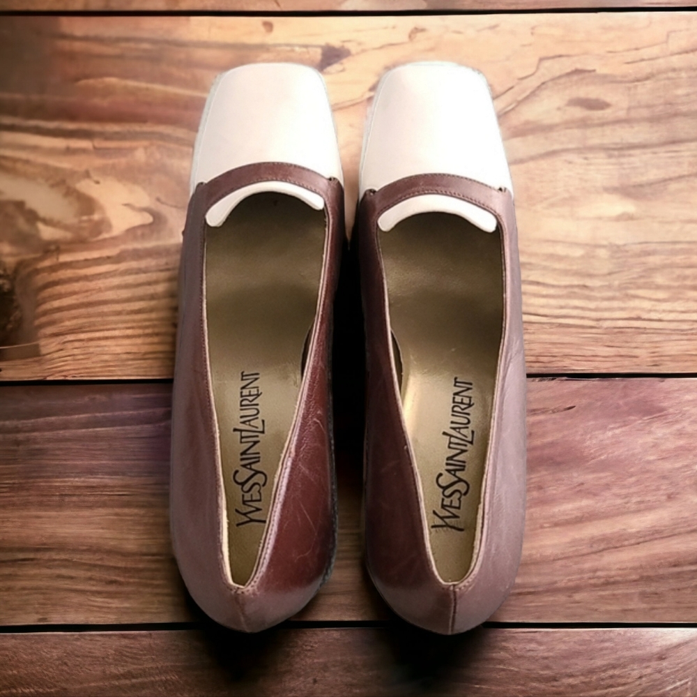 VTG YSL Retro Mod Square Toe Leather Pumps 8 N Heels Brown Yves Saint Laurent - Picture 13 of 16